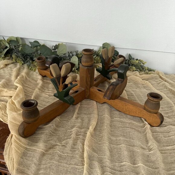 Wood Candlestick Holder Centerpiece Woodland Duck + Cattails cabin rustic table - Picture 1 of 9